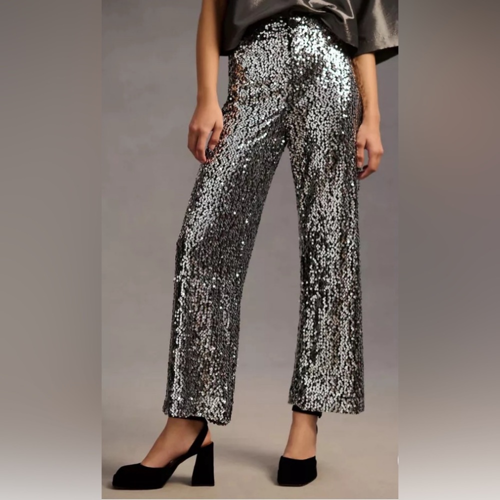 Anthropologie Colette Cropped Wide-Leg Sequin Pants Silver Cocktail $90 firm